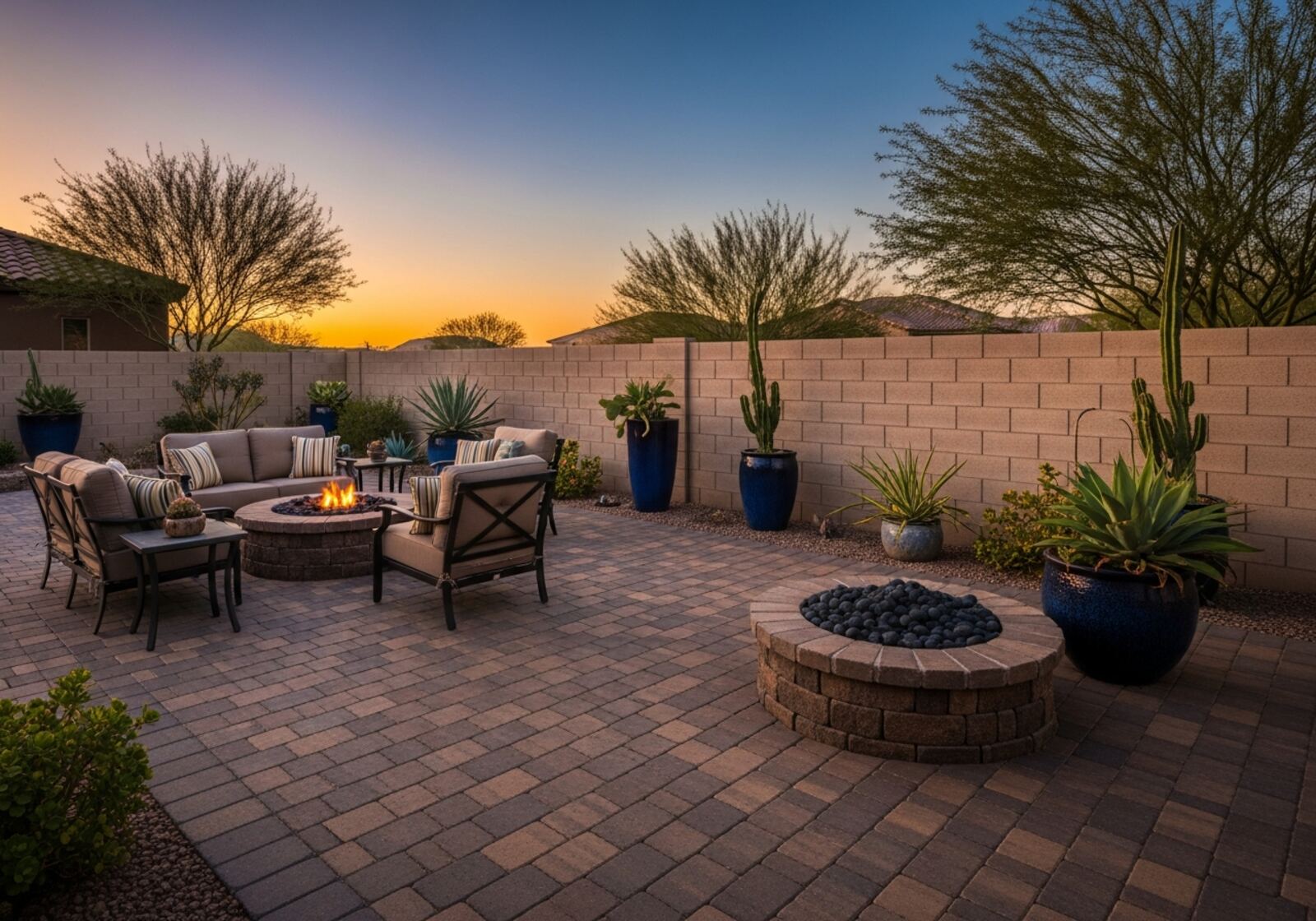 Luxury hardscape patio with copper and bronze pavers