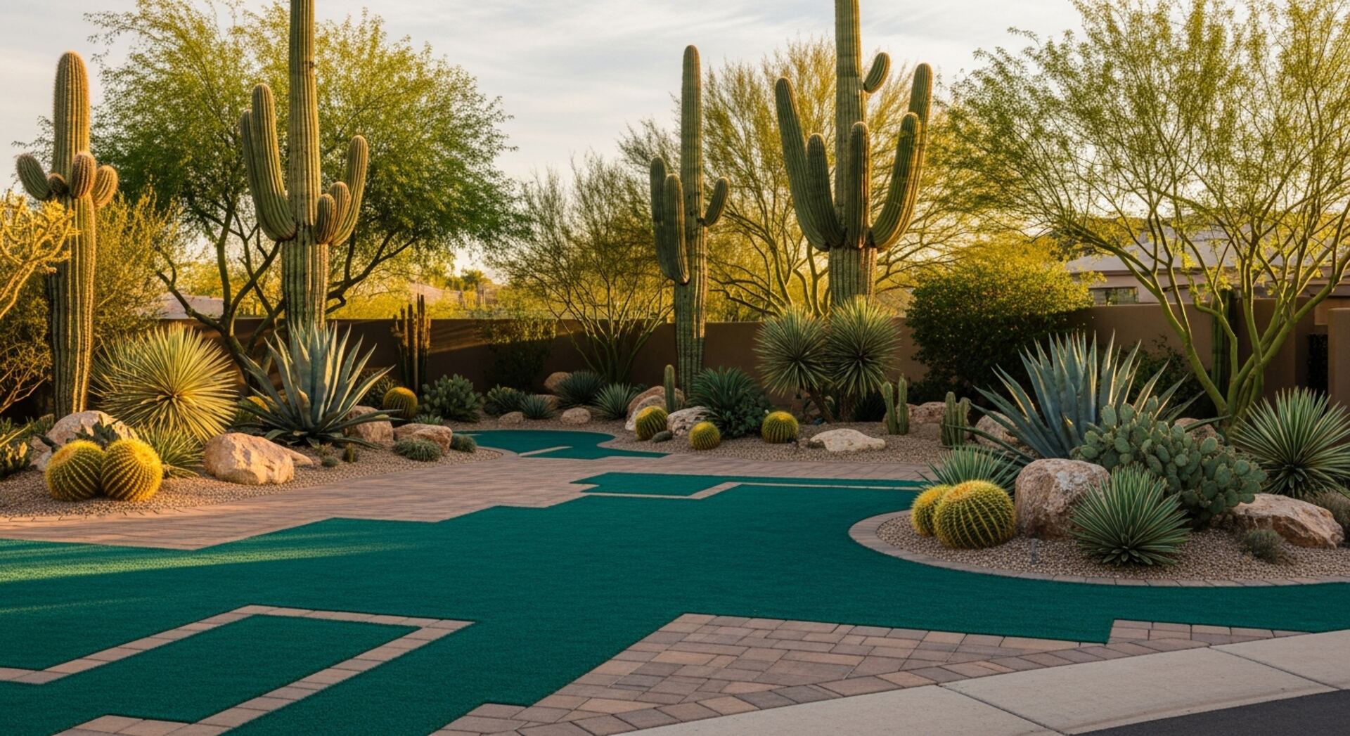 Beautiful desert landscaping in Phoenix Arizona with artificial turf and pavers